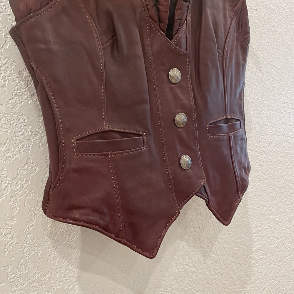 Vintage Western Leather Maroon Puffer Vest Women's XS Cowboy Ranch Boho 70's 80s - Picture 2 of 13